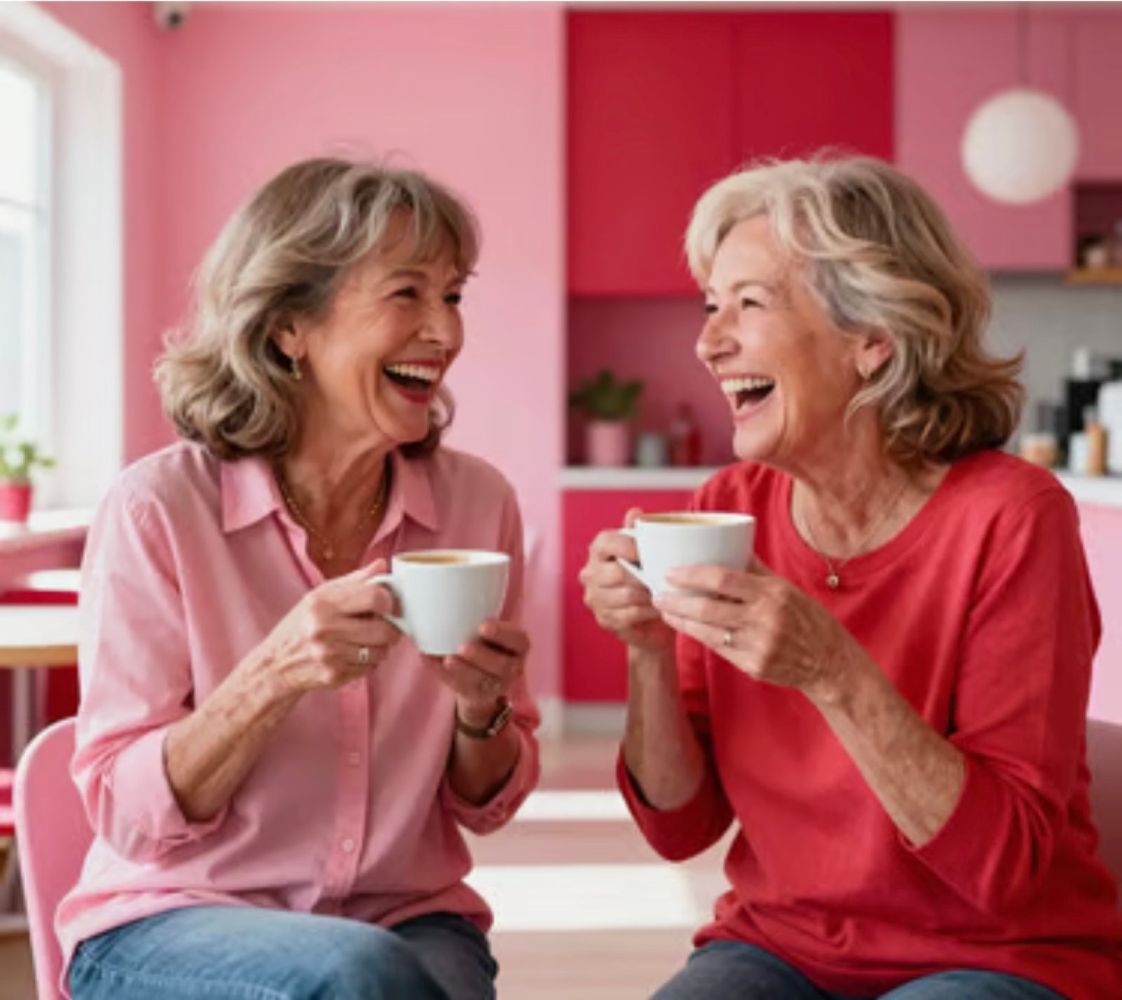 Two Esmeraldas laughing over coffee.