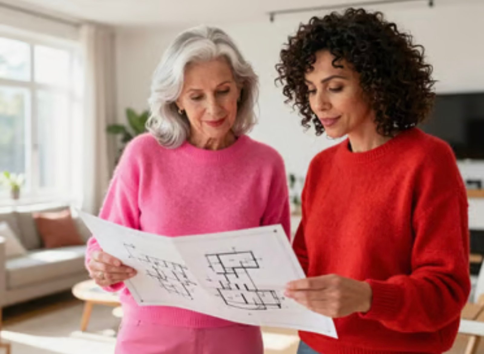 Two Esmeraldas looking over a floor plan together.