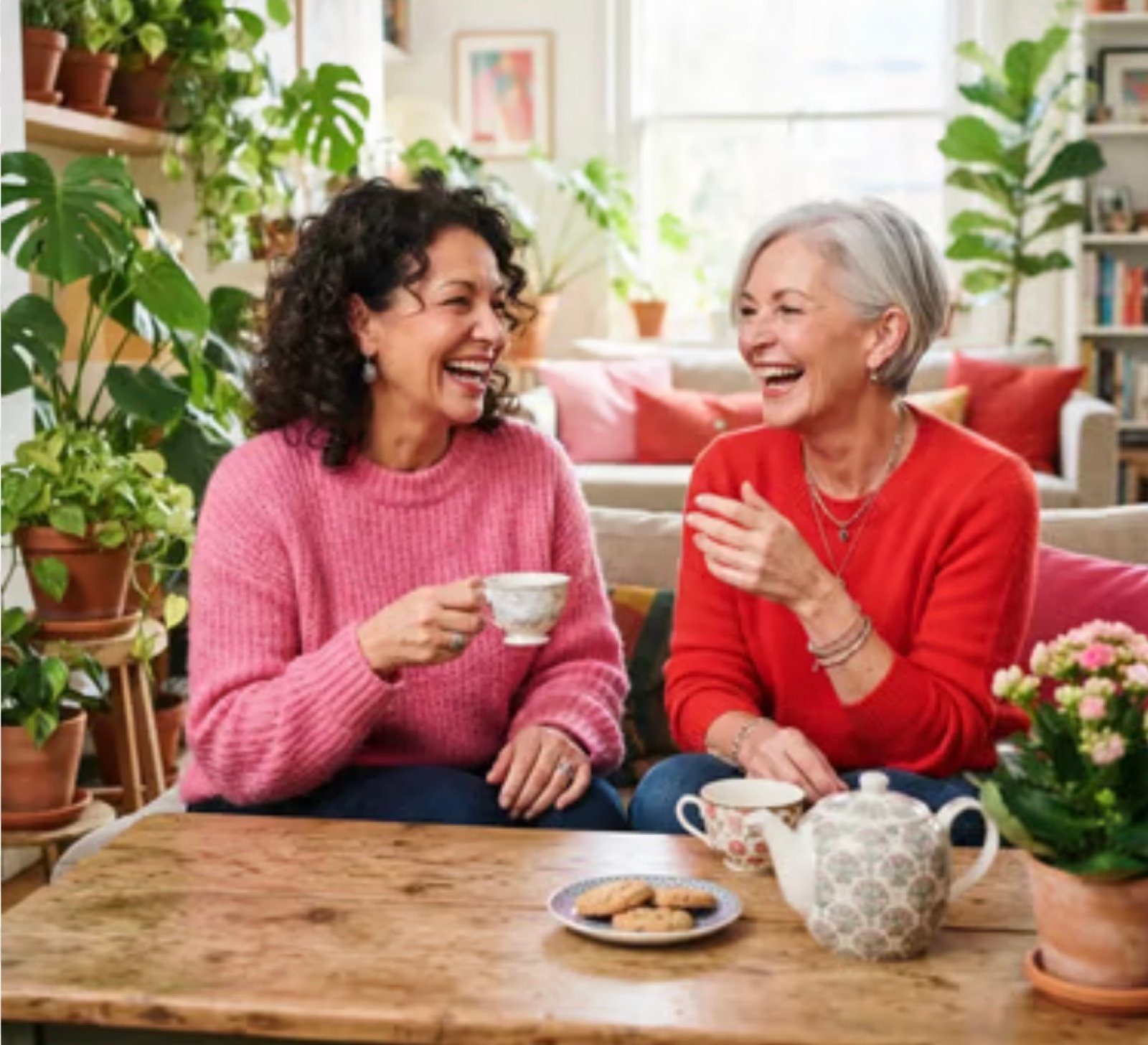 Two Esmeraldas over tea in a room full of plants.